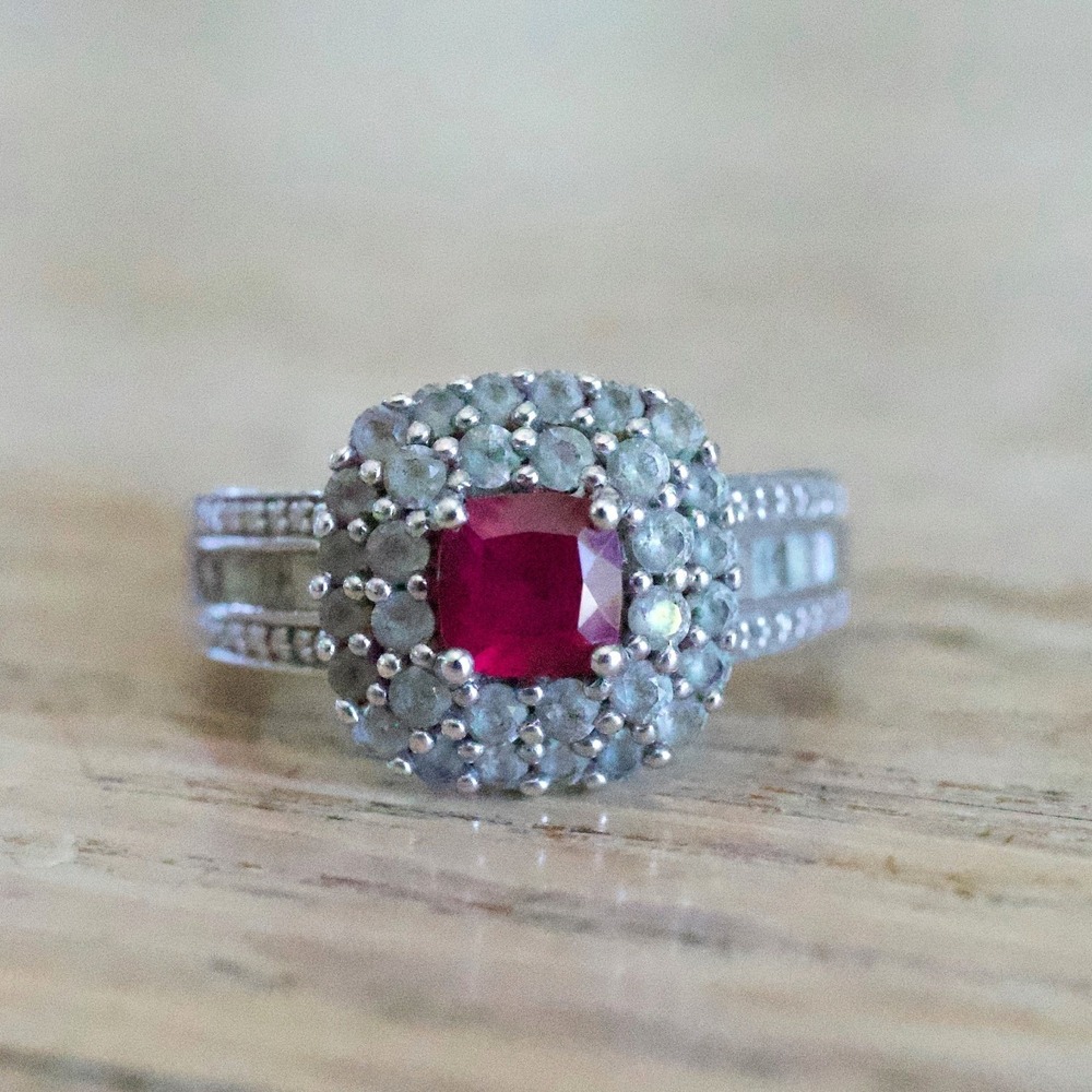 925 Sterling Silver Lab Ruby Double Halo Cocktail Ring Recencycore Size 7 - Picture 1 of 6